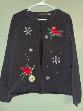 KB Collections Embellished Cardinal Snowflake Cardigan Sweater Black  Mom 90s